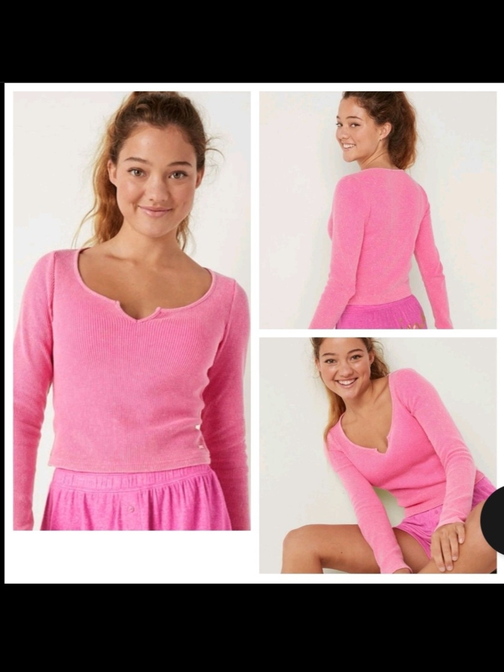 VS VICTORIAS SECRET PINK SHRUNKEN THERMAL NOTCH LONG SLEEVE‎ TEE TOP DREAMY XS